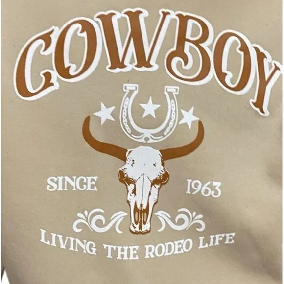 Cowboy Hoodie Full Zip Unisex Western Living The Rodeo Life Beige M/L - Picture 10 of 10